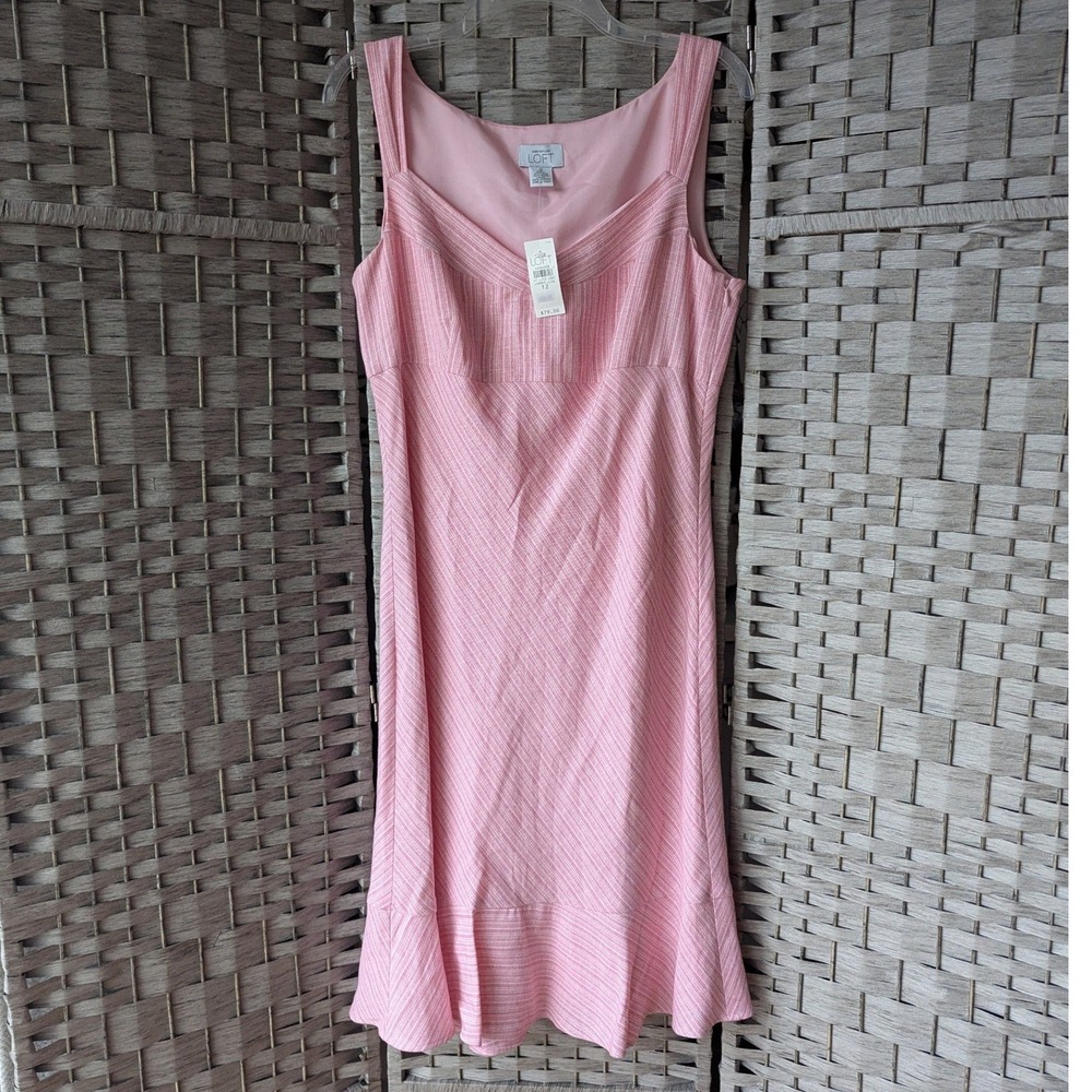 Ann Taylor Loft Midi Dress Pink Striped Linen Blend Ruffle Sz 12 Feminine NWT